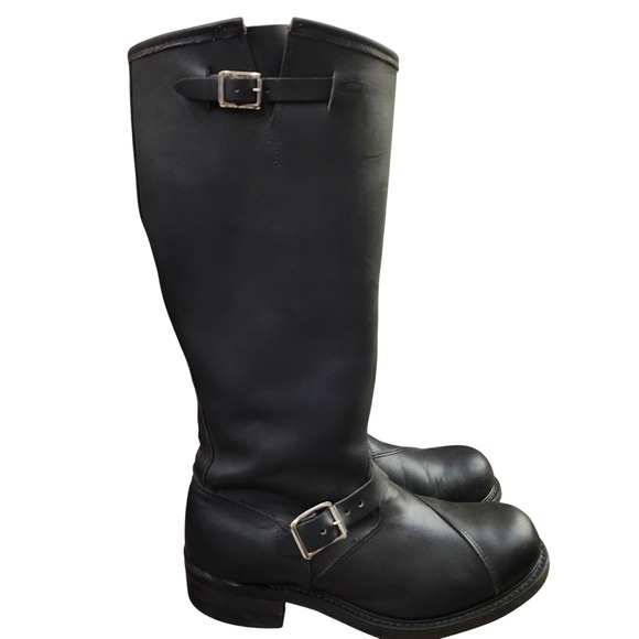 Tall Black Leather Moto Engineer Boots Mens Size 10 D Vibram Soles Buckle Straps - Picture 11 of 13